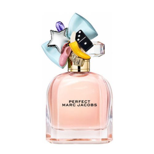 EDP bottle of Marc Jacobs Perfect, 100 ml, transparent glass with soft pink liquid and daisy flower accent on metallic cap.