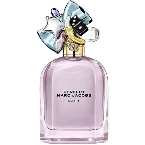 Marc Jacobs Perfect Elixir 100 ml Eau de Parfum, rectangular transparent bottle with golden-pink liquid and decorative white daisy on top.