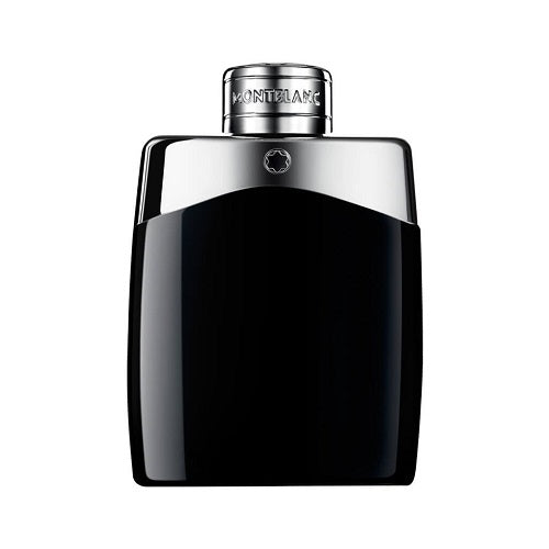 EDT bottle of Montblanc Legend 100 ml, deep blue opaque glass with silver spray cap and Montblanc star logo.