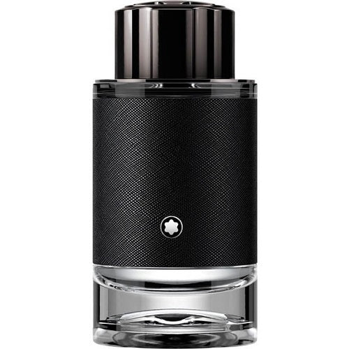 EDP bottle of Montblanc Explorer, cylindrical brown-tinted glass with black cap and subtle Montblanc logo on front.