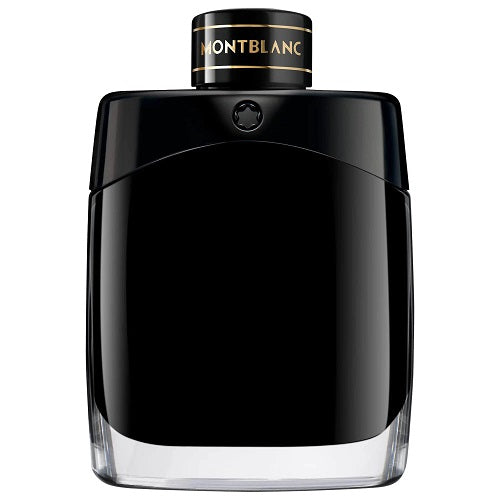 Front view of Montblanc Legend Eau de Parfum 100 ml, dark blue bottle with rounded edges, silver top, and Montblanc branding.