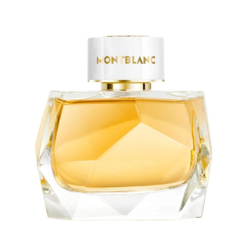 Front view of Montblanc Signature Absolue 90 ml EDP, transparent bottle with rich golden fragrance and gold atomizer.