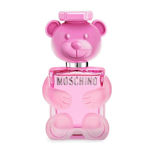 EDT bottle of Moschino Toy 2 Bubble Gum 100 ml, clear teddy bear-shaped bottle with pink liquid and silver spray top.
