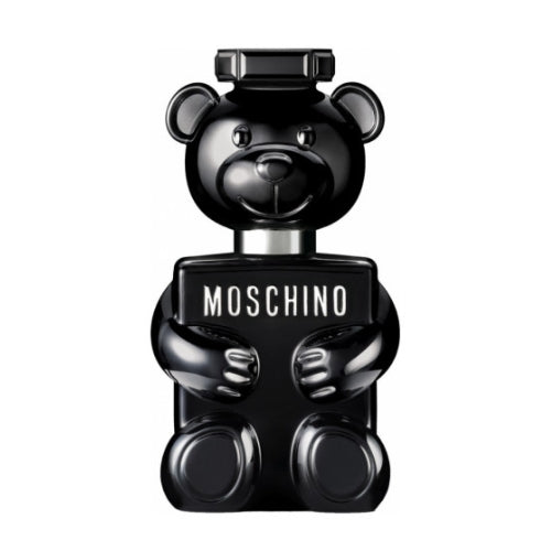 Front view of Moschino Toy Boy 100 ml EDP, black teddy bear-shaped transparent bottle with silver atomizer.