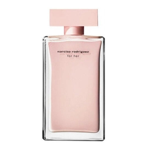 EDP bottle of Narciso Rodriguez For Her 100 ml, minimalist clear glass with soft pink fragrance and black spray top.