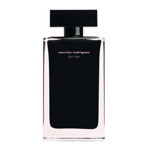 Front view of Narciso Rodriguez For Her 100 ml EDT, transparent bottle with soft pink fragrance and black atomizer.