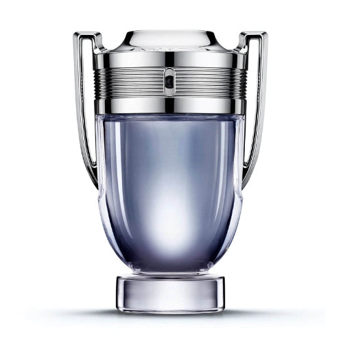 Paco Rabanne Invictus 100 ml Eau de Toilette, unique trophy-shaped transparent bottle with light blue liquid and metallic spray cap.