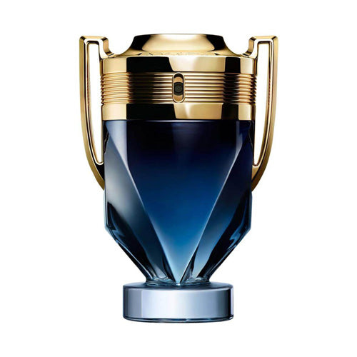 Paco Rabanne Invictus 100 ml Parfum, clear trophy-shaped bottle with dark blue fragrance and metallic atomizer.
