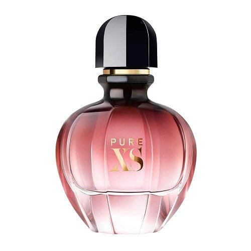 EDP bottle of Paco Rabanne Pure XS for Her 80 ml, soft pink glass with gold snake entwined around the black cap.