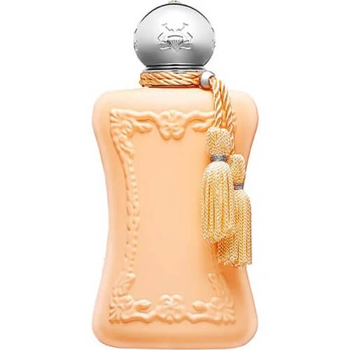 Cassili by Parfums de Marly, 75 ml Eau de Parfum: pastel pink bottle with embossed curves and tassel embellishment.