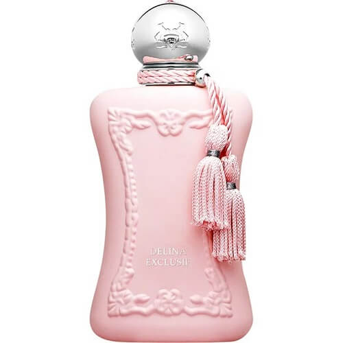 Parfums de Marly Delina Exclusif Parfum 75 ml, feminine fragrance in blush pink bottle with sculpted details.