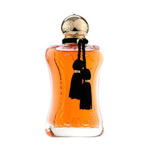 Safanad by Parfums de Marly Eau de Parfum 75 ml: curved amber-orange bottle with embossed crest, golden cap, and tassel.