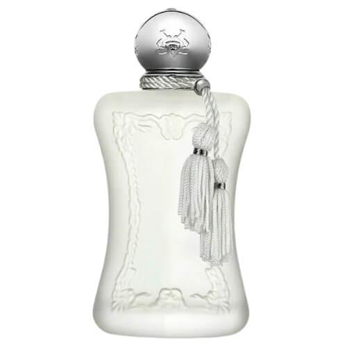 Front view of Parfums de Marly Valaya 75 ml EDP, refined white glass flacon with embossed crest and silver stopper.