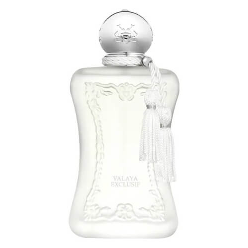 Valaya Exclusif by Parfums de Marly, 75 ml Eau de Parfum: luxury curved white bottle with embossed emblem, metallic silver cap, and black tassel.
