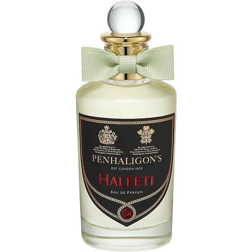 Elegant Penhaligon’s Halfeti 100 ml EDP bottle, rectangular dark green glass flacon with gold top and embossed logo.