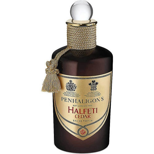 Penhaligon’s Halfeti Cedar Eau de Parfum 100 ml: sophisticated dark brown bottle with gold stopper and classic branding for men.