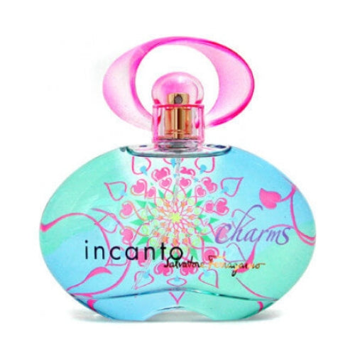 Salvatore Ferragamo Incanto Charms Eau de Toilette 100 ml: pink glass bottle with silver stopper and classic Ferragamo branding.