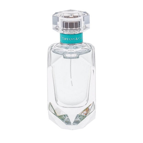 Tiffany & Co. Eau de Parfum 75 ml: clear glass bottle with pale blue liquid, silver stopper, and classic Tiffany branding.