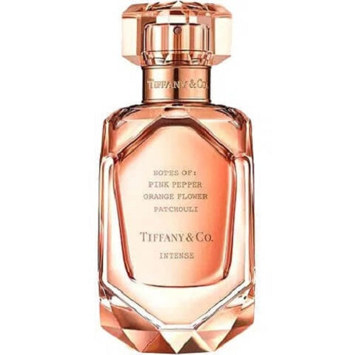 Tiffany & Co. Rose Gold Intense Eau de Parfum 75 ml: rectangular bottle with deep rose gold liquid, metallic stopper, and classic Tiffany branding.