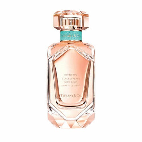 Tiffany & Co. Rose Gold Eau de Parfum 75 ml, feminine luxury fragrance in rectangular glass bottle with rose gold liquid and metallic top.
