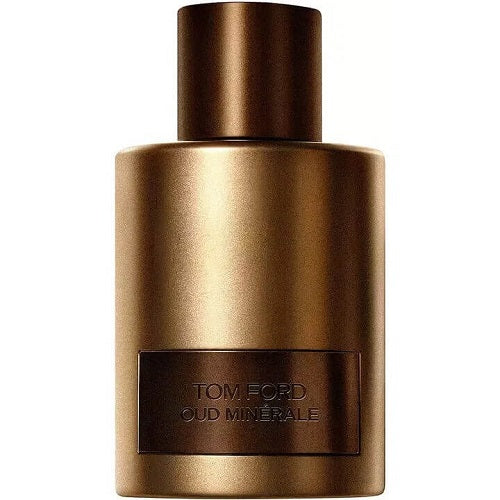 Elegant Tom Ford Oud Minérale Eau de Parfum 100 ml, presented in a tall translucent grey flacon with a silver nameplate showcasing the brand’s refined aesthetic.