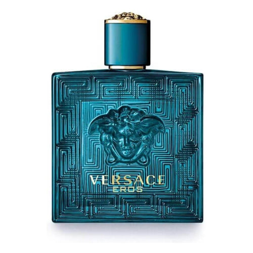 Versace Eros Eau de Toilette 100ml, a statement fragrance in a sculpted turquoise bottle with golden Medusa detailing, crowned with a sleek gold cap, reflecting boldness and sophistication.