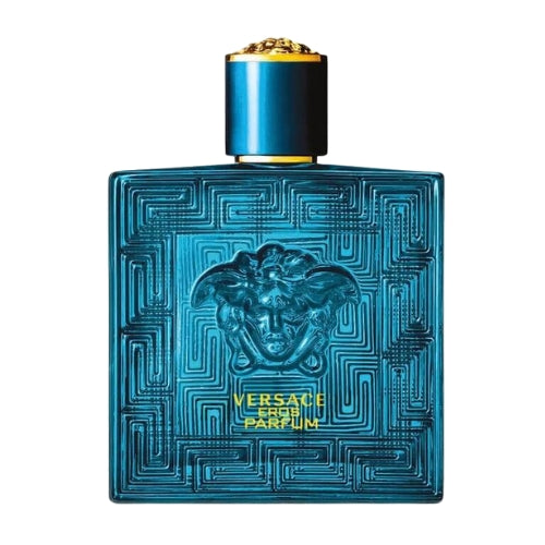 Luxury Versace Eros Parfum 100ml, housed in a turquoise flacon with faceted detailing, gold accents, and iconic Medusa emblem, blending masculine sophistication with contemporary luxury.