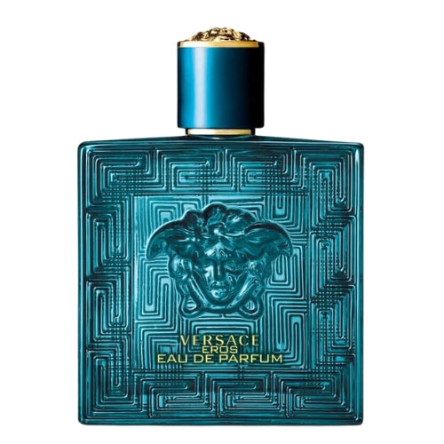 Versace Eros Eau de Parfum 100ml, a statement fragrance in a sculpted turquoise bottle with gold detailing, crowned with a Medusa-inspired cap, reflecting boldness and modern sophistication.