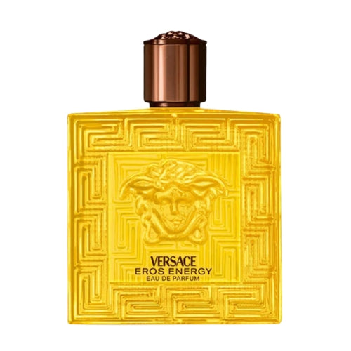 Versace Eros Energy Eau de Parfum 100ml, presented in a designer turquoise-blue bottle with geometric facets, gold Medusa logo, and matching stopper, embodying vitality, elegance, and Italian craftsmanship.