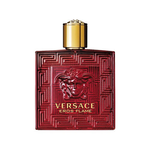 Versace Eros Flame Eau de Parfum 100ml, presented in a designer fiery-toned bottle with faceted edges, gold Medusa logo, and matching stopper, embodying passion, elegance, and Italian craftsmanship.