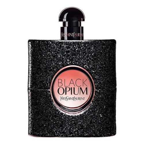 Yves Saint Laurent Black Opium Eau de Parfum 90ml, luxury women’s scent captured in a black glittered bottle with smooth edges, transparent circular window, and matching silver spray cap, symbolizing bold elegance, allure, and feminine charm.