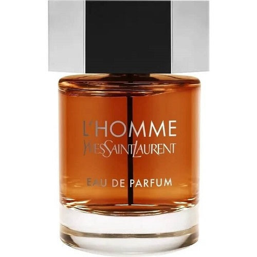 Yves Saint Laurent L’Homme Eau de Parfum 100ml, luxury men’s scent captured in a transparent rectangular bottle with pale amber liquid, clean lines, and a matching silver spray cap, symbolizing timeless elegance, sophistication, and modern allure.