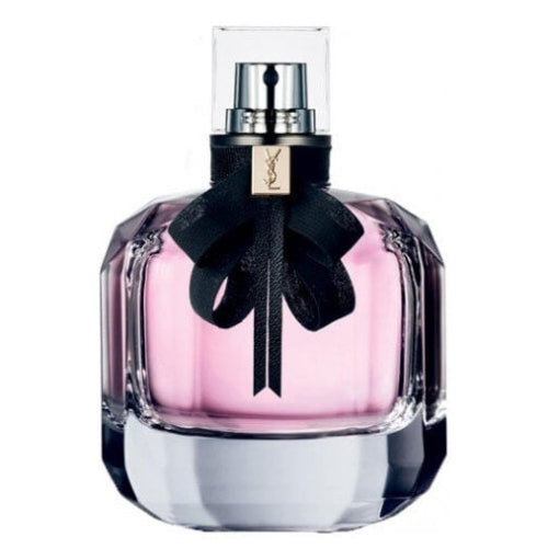 Luxury Yves Saint Laurent Mon Paris Eau de Parfum 90ml, housed in a soft pink flacon with silver detailing and matching spray cap, combining elegance, playful charm, and contemporary feminine allure.