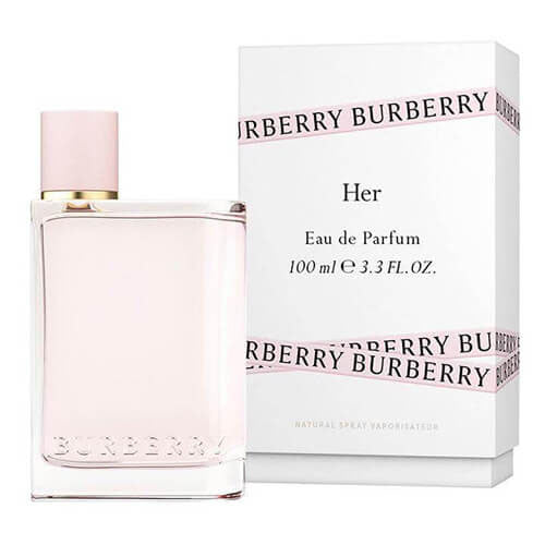 Close-up of Burberry Her fragrance bottle and packaging