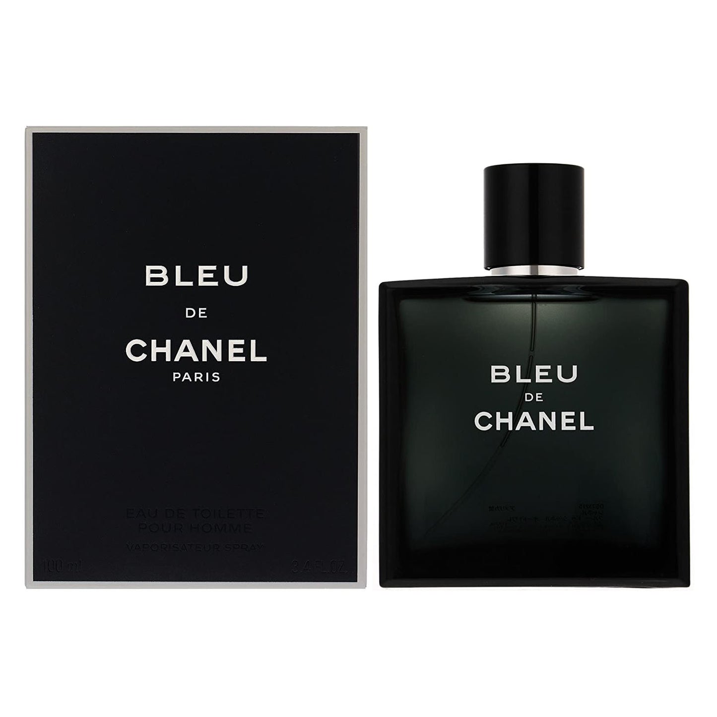 Chanel Bleu de Chanel, 100ml Eau de Toilette, iconic masculine scent combining citrus, woody, and spicy undertones in a sleek navy blue bottle.
