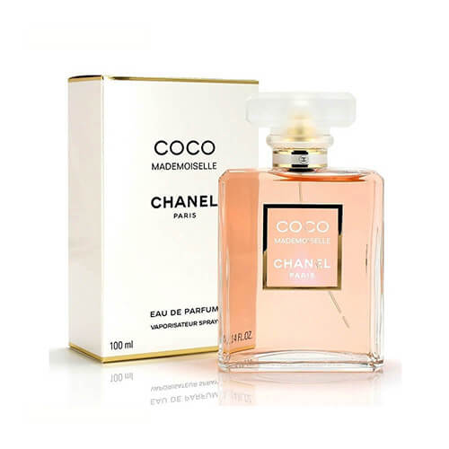 100ml Coco Mademoiselle by Chanel, feminine EDP featuring orange, jasmine, and patchouli in an elegant glass bottle with gold detailing.