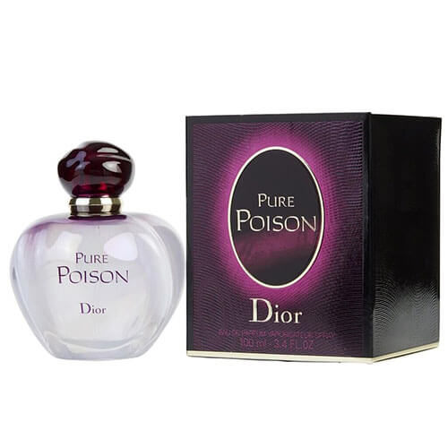 Christian Dior Pure Poison Eau de Parfum, 100ml women’s fragrance with luminous floral notes of jasmine, orange blossom, and sandalwood in a frosted rectangular glass bottle.