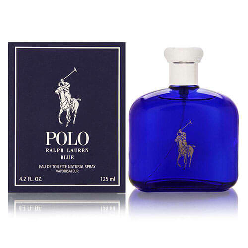 Ralph Lauren Polo Blue Eau de Toilette 125 ml, men’s fragrance in rectangular blue bottle with silver top and embossed logo.