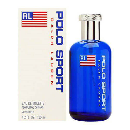 Ralph Lauren Polo Sport Eau de Toilette 125 ml: sleek rectangular transparent bottle with blue liquid, silver cap, and embossed Polo logo.