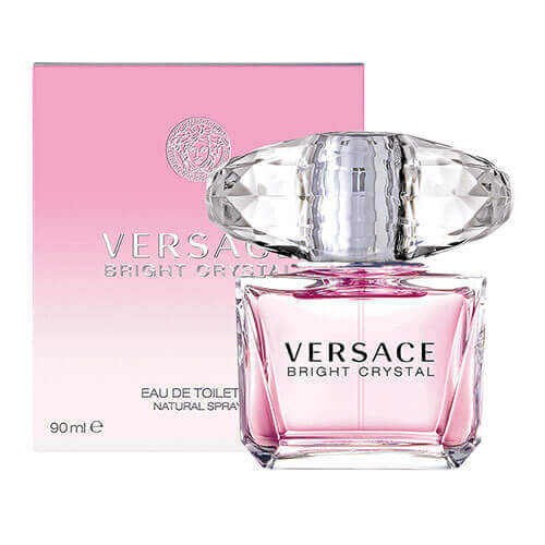 Versace Bright Crystal Eau de Toilette 90ml, presented in a clear faceted glass bottle filled with pale pink liquid, finished with a gem-like transparent cap that radiates timeless elegance.