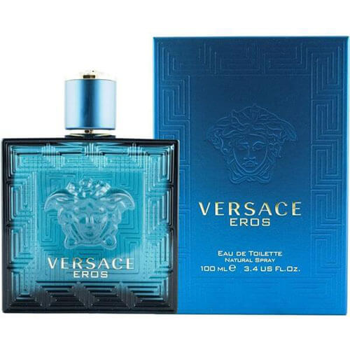 Versace Eros Eau de Toilette 100ml, a luxury men’s scent captured in a turquoise glass bottle with faceted edges, accented by a golden Medusa emblem and cylindrical stopper for a bold statement.