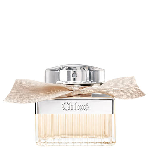 Chloé EDP, 75ml signature women’s perfume with fresh rose, peony, and lychee in a stylish rectangular glass bottle with silver neck and ribbon.