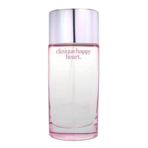 Clinique Happy Heart, 100ml EDP, cheerful and romantic women’s perfume with fruity and floral accords in a transparent heart-shaped glass bottle.
