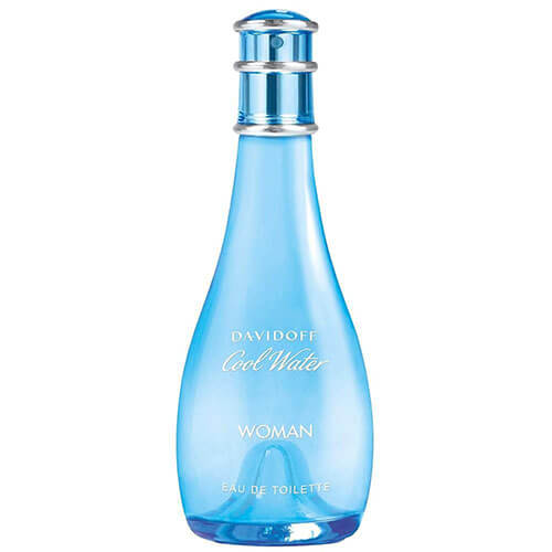 Eau de Toilette Cool Water Women by Davidoff, 100ml fresh and vibrant feminine fragrance with melon, lily, and watery notes in a sleek transparent light blue bottle.