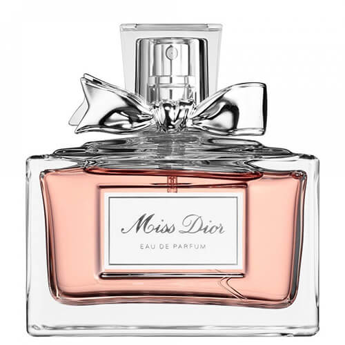 Eau de Parfum Miss Dior by Dior, 100ml refined feminine fragrance with floral and citrus notes in a rectangular clear bottle with silver bow detail.