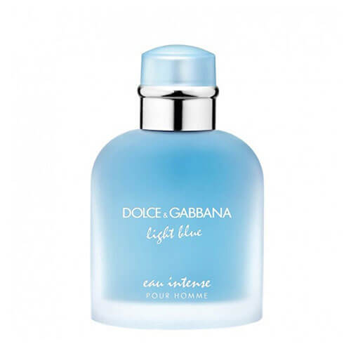 Light Blue Pour Homme Eau Intense by Dolce & Gabbana, 100ml fresh and dynamic fragrance with Sicilian citrus, rosemary, and aromatic herbs, housed in a clear glass bottle.