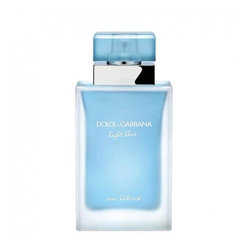 100ml Dolce & Gabbana Light Blue Eau Intense, bold and refreshing fragrance with zesty lemon, apple, and cedarwood, in a sleek clear glass bottle.