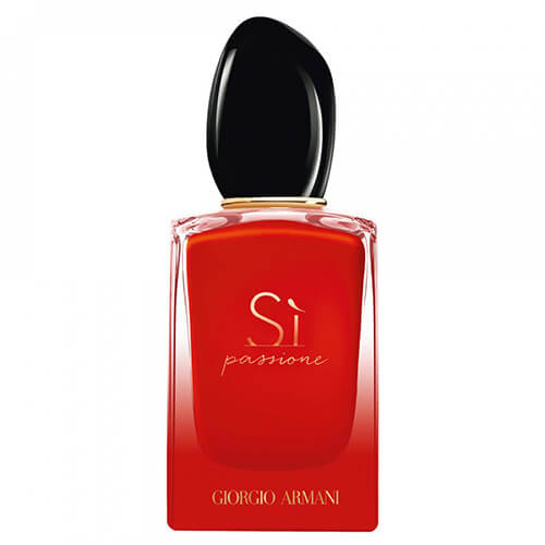 Giorgio Armani Si Passion EDP, 100ml luxury perfume with rich fruity-floral-sweet profile, presented in a sleek deep-red clear glass bottle with black cap.