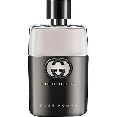 90ml Gucci Guilty Pour Homme EDT, iconic men’s perfume with bold citrus and floral-woody accords in a dark gray bottle with golden lid.