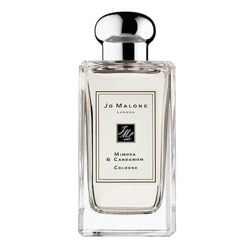100ml Jo Malone London Mimosa & Cardamom Cologne, modern unisex scent in a transparent rectangular bottle with silver top, blending floral mimosa and spicy cardamom notes.